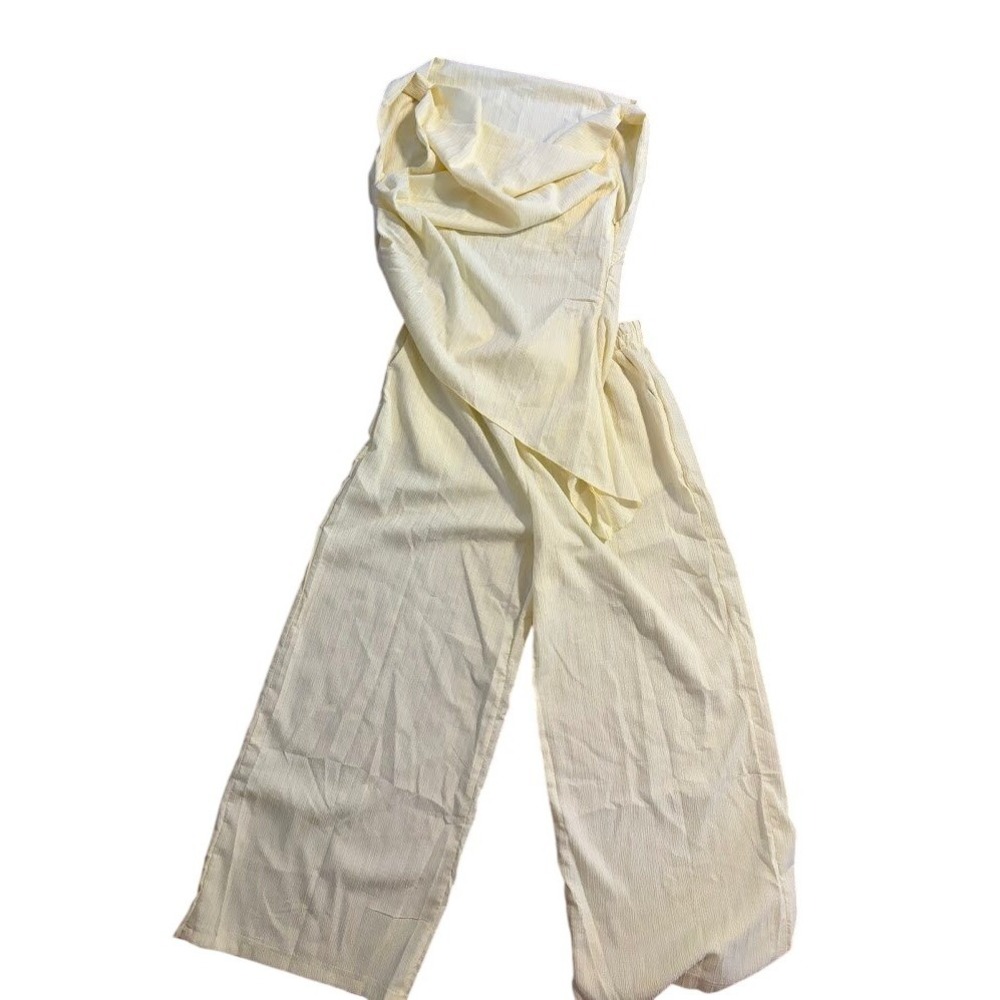 SHEIN Butter Yellow Plisse 2 Piece Set Draped Cowl Neck‎ Top Wide Leg Pants L